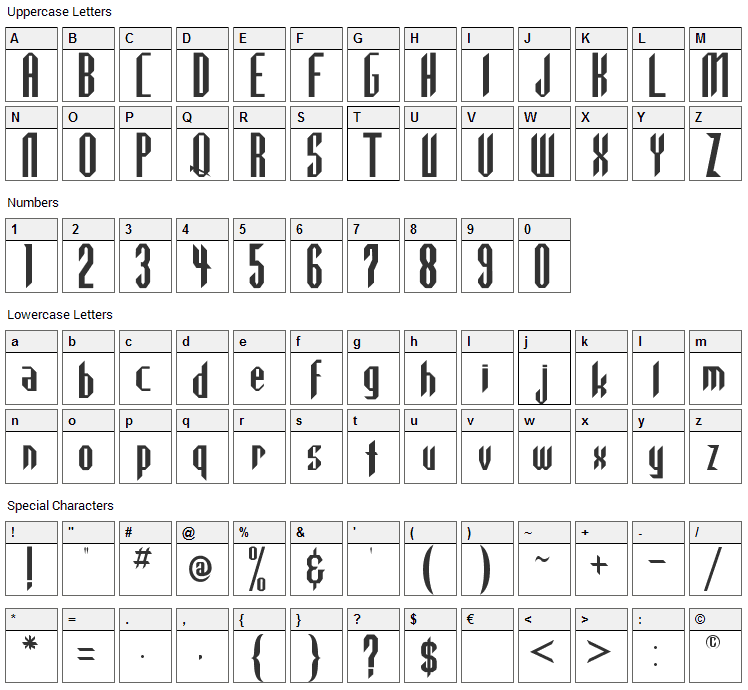 Highlander Font Character Map