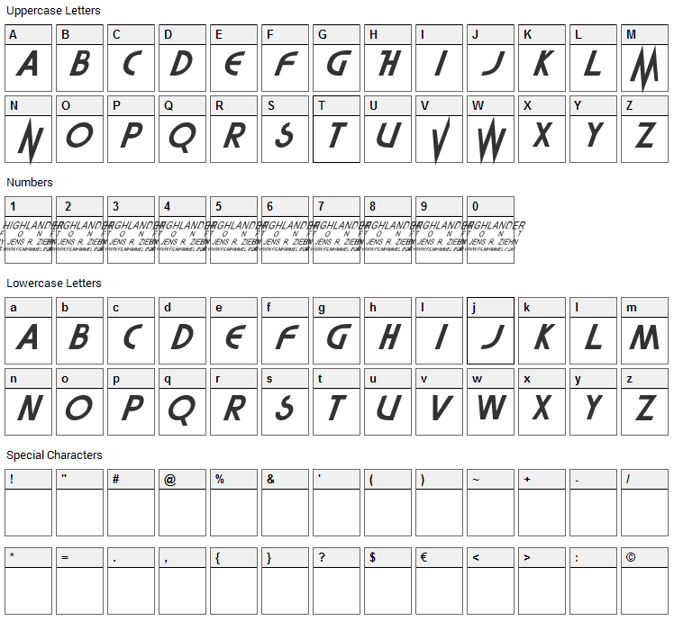 Highlander Movie Font Character Map