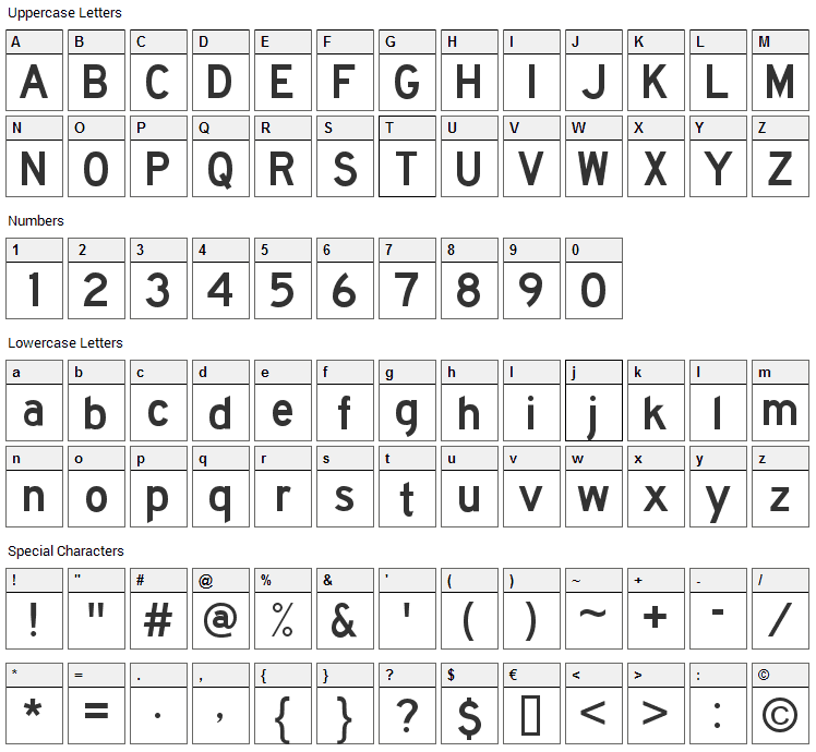 Highway Gothic Font Character Map