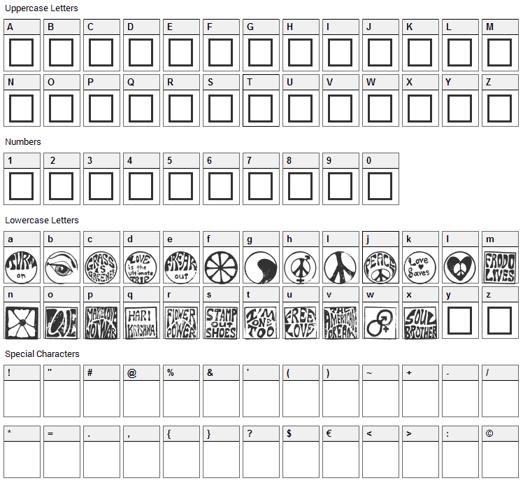 Hippy Stamps Font Character Map