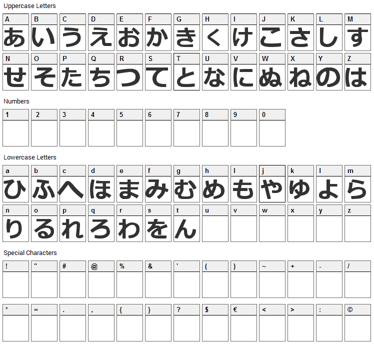 Hiragana Font Character Map