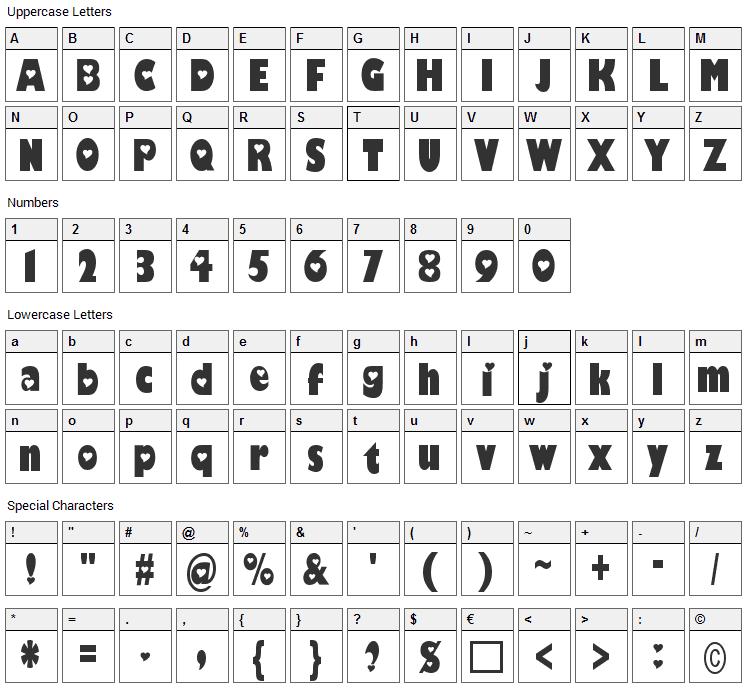 Hole-Hearted Font Character Map