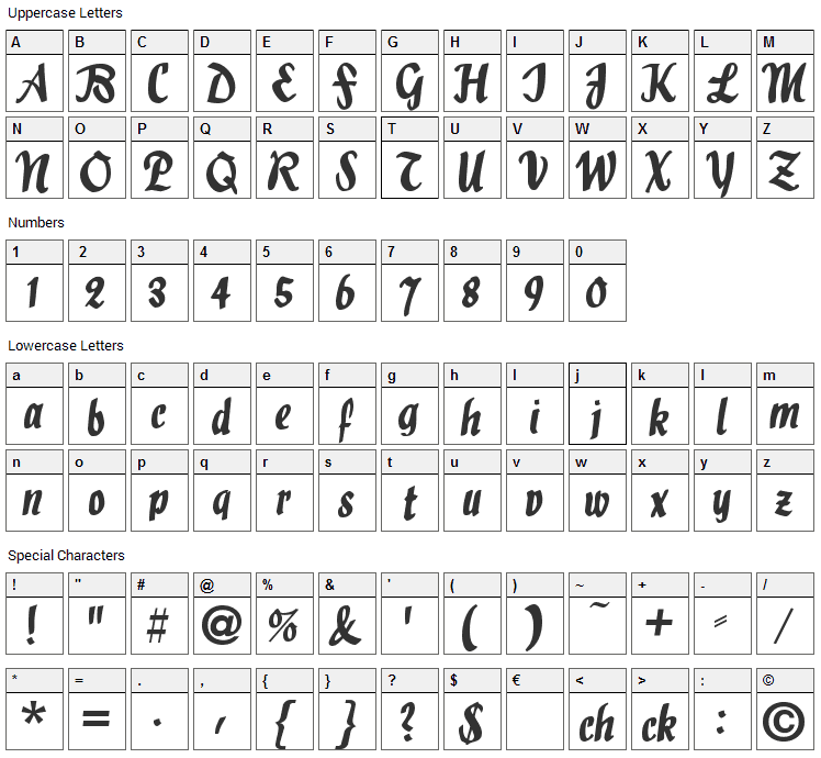 Holla Script Font Character Map