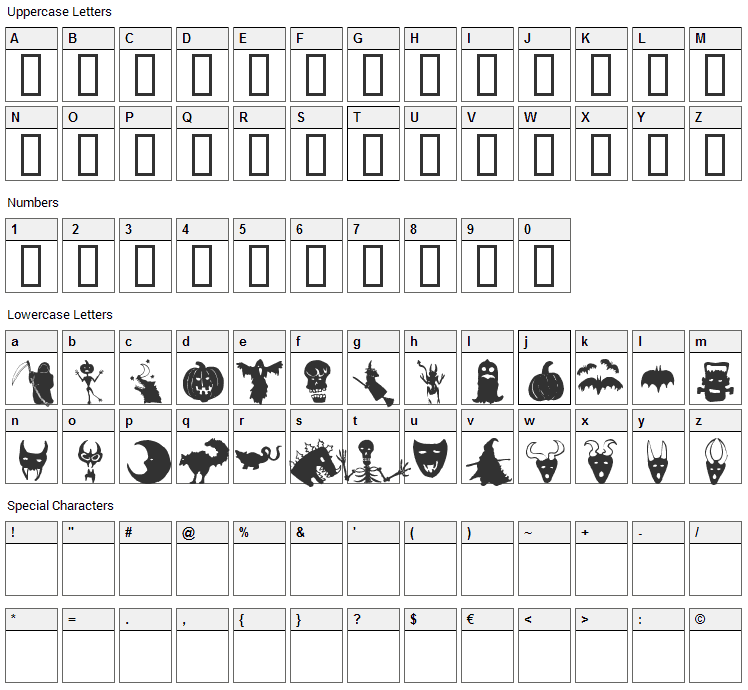 Holloweenie Bats Font Character Map
