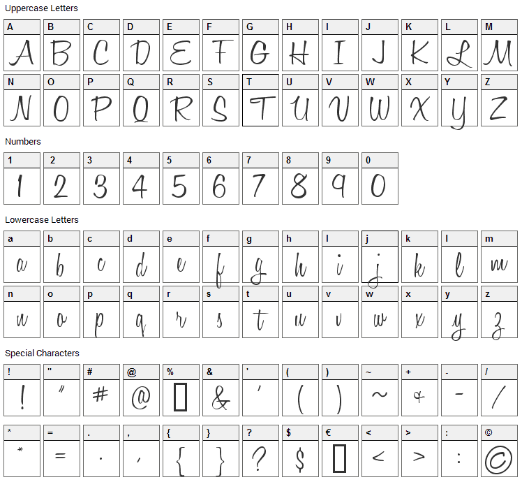 Honey Script Font Character Map