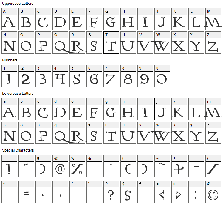 Hopfer Hornbook Font Character Map