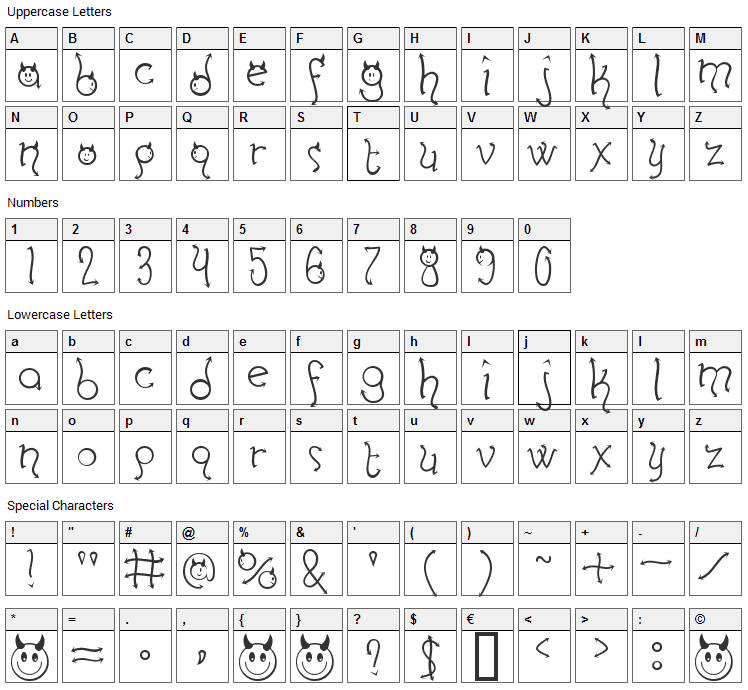 Horny Devils Font Character Map