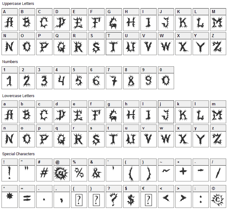 Horror House Font Character Map