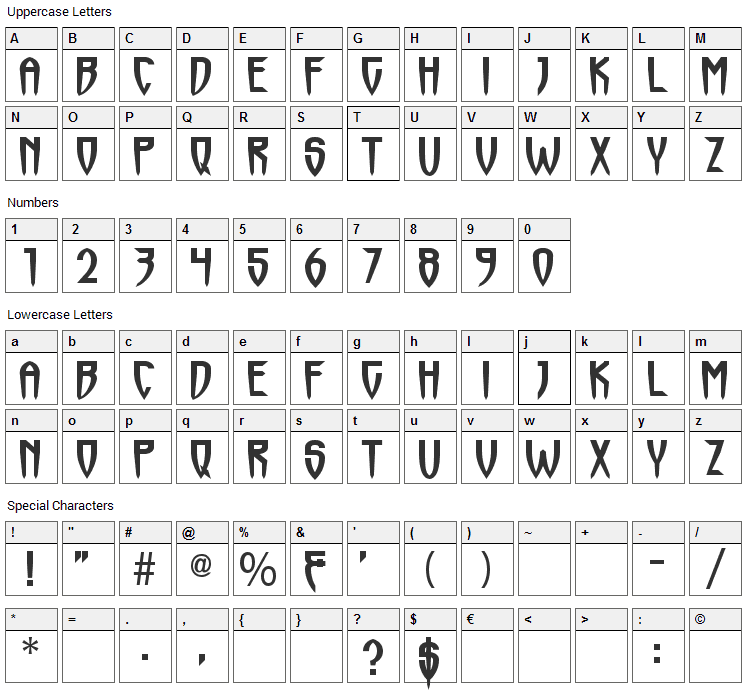 Horrormaster Font Character Map