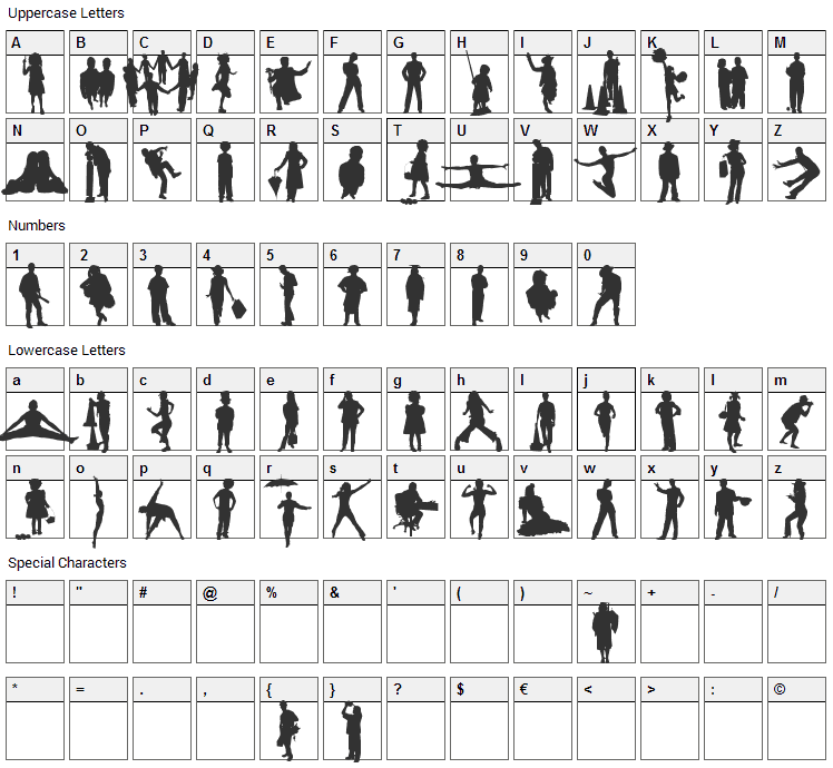 Human Silhouettes Five Font Character Map