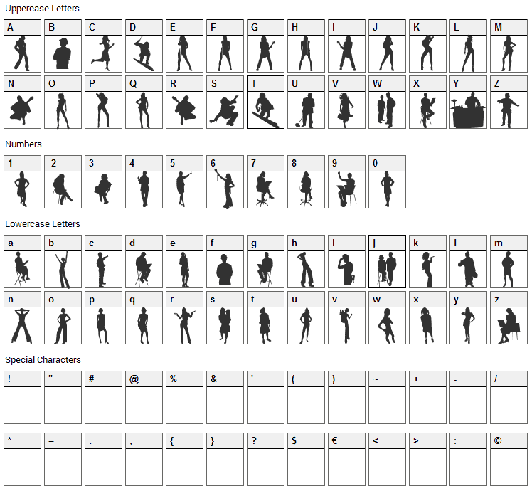 Human Silhouettes Font Character Map