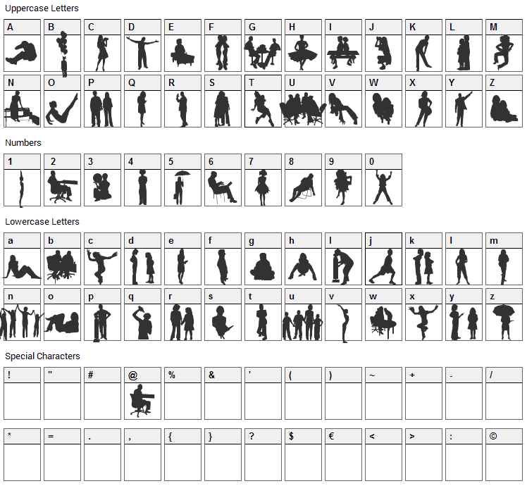 Human Silhouettes Free Four Font Character Map