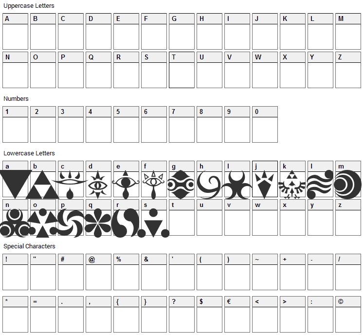 Hylian Symbols Font Character Map