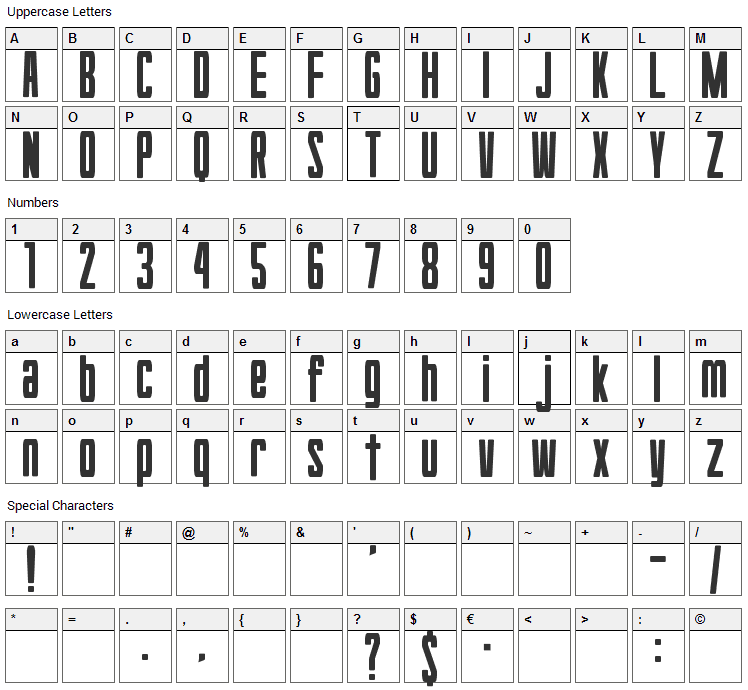 Hyouzi Display Font Character Map