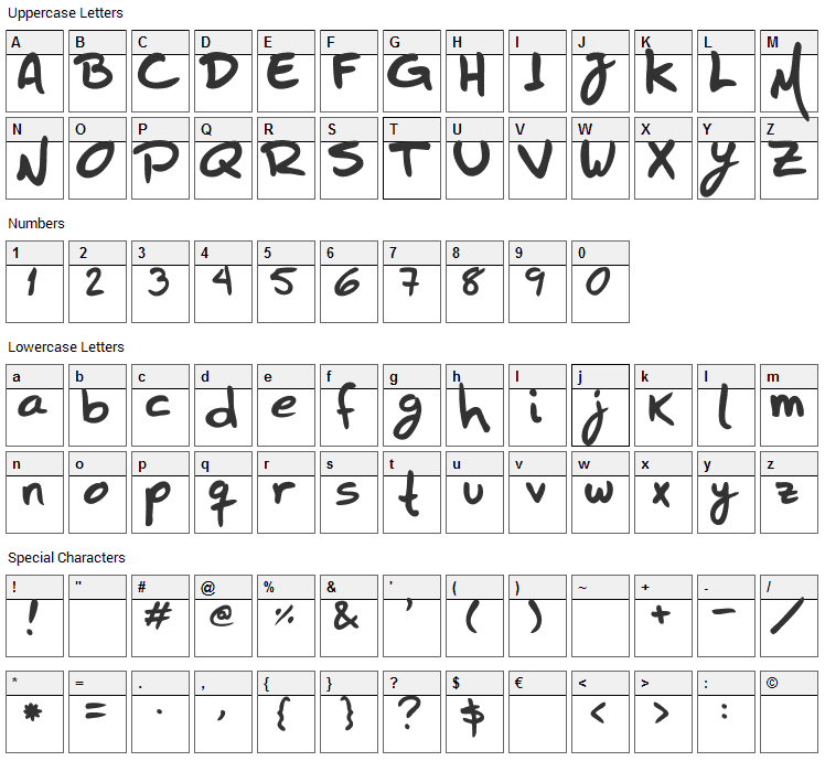 HZHandwrite Font Character Map