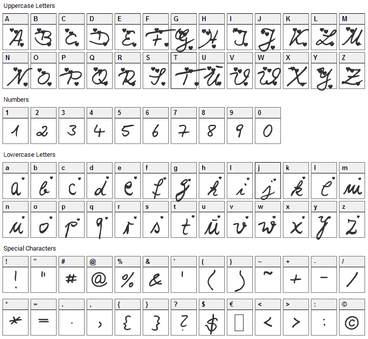 I Love You Font Character Map