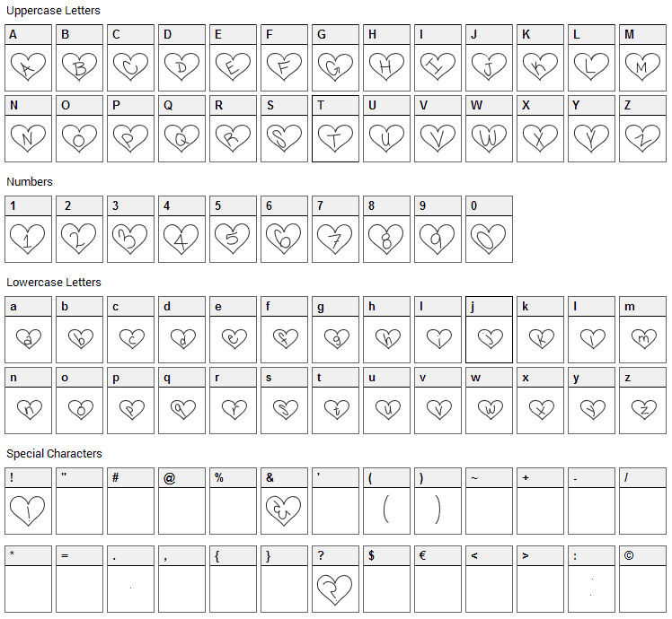 I Lovers You Font Character Map