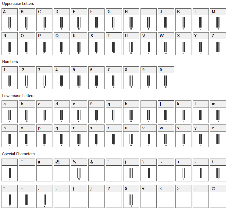 IDAutomationHC39M Font Character Map