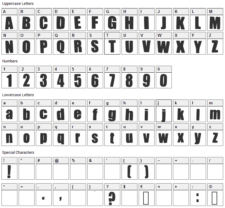 Impacted Font Character Map