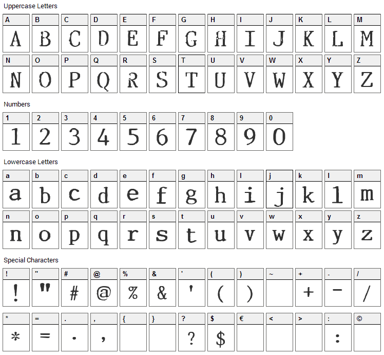 Incognitype Font Character Map