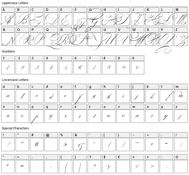 Indenture English Penman Font Character Map