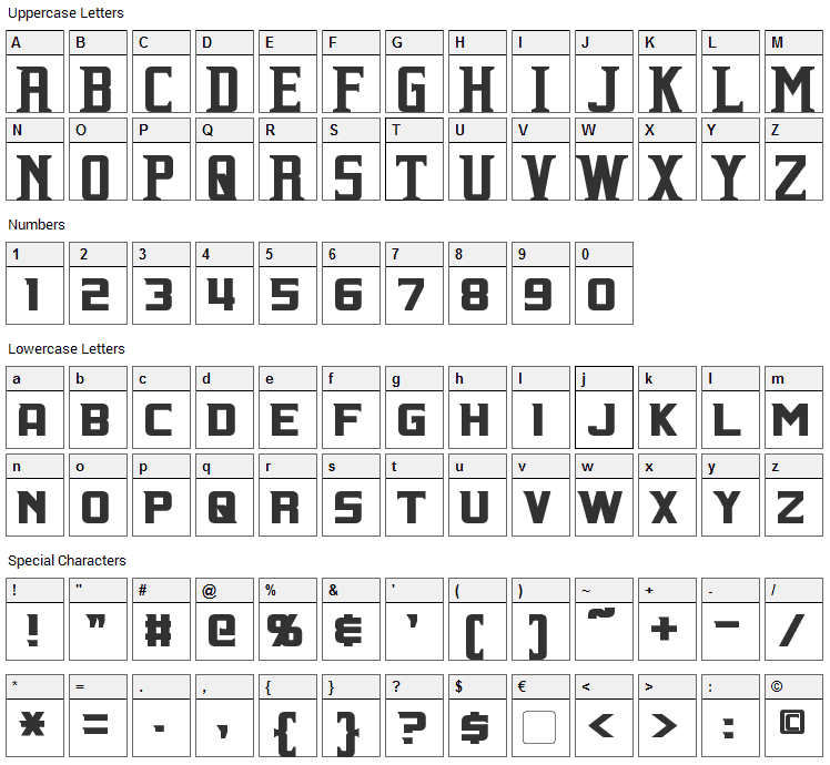 Indiana Font Character Map