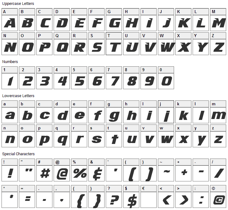 Infinite Justice Font Character Map