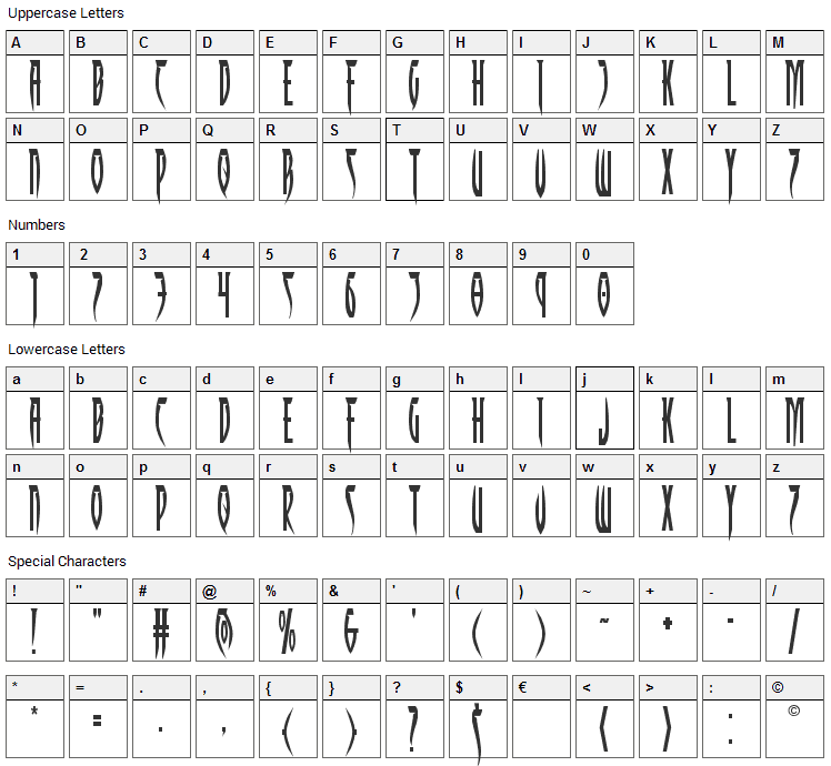 Inhumanity Font Character Map