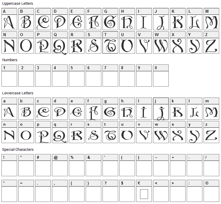 Initials With Curls Font Character Map