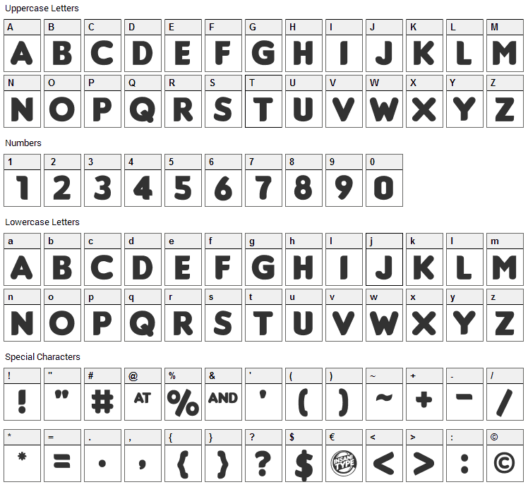 Insaniburger Font Character Map