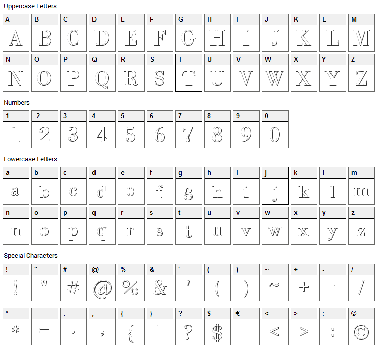 Intellecta Bodoned Beveled Font Character Map