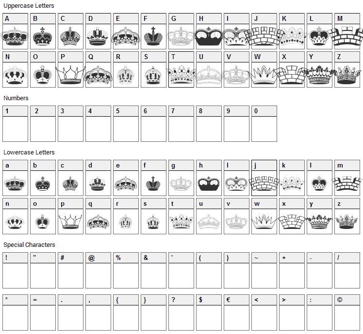 Intellecta Crowns Font Character Map