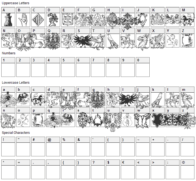 Intellecta Heraldics Font Character Map