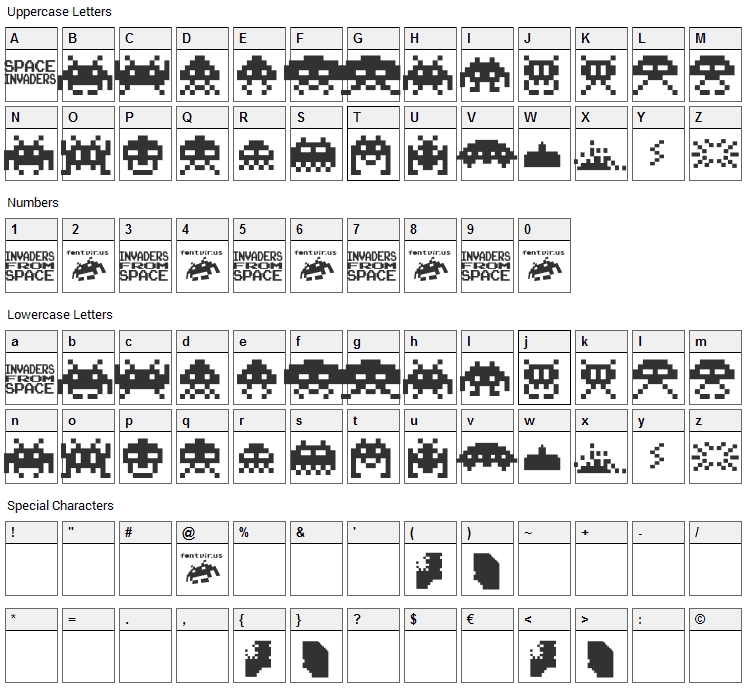 Invaders from Space Font Character Map