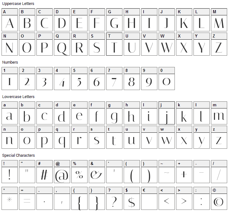 Italiana Font Character Map