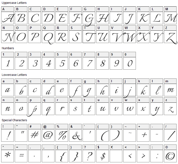 Italianno Font Character Map