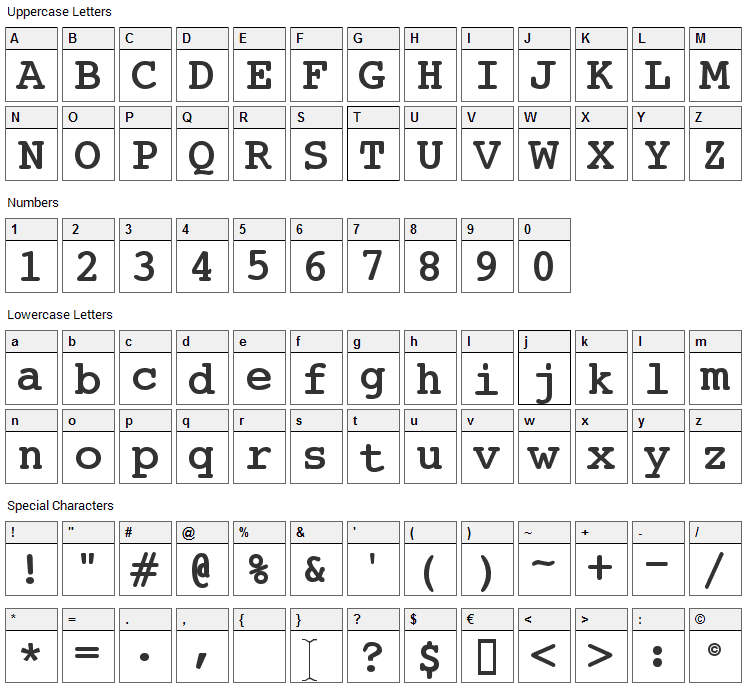 JackInput Font Character Map