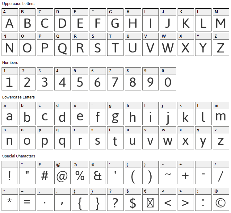 Jaldi Font Character Map