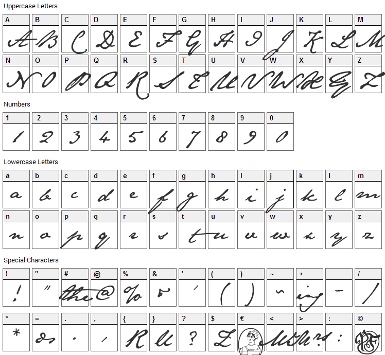 Jane Austen Font Character Map