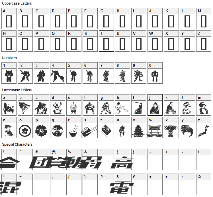 Japanapush Font Character Map