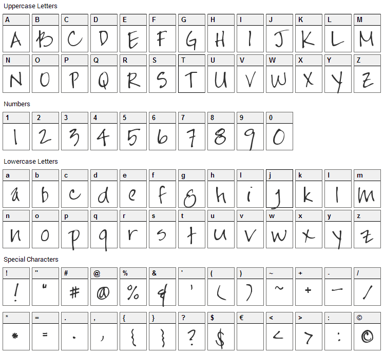 Jayne Print Font Character Map