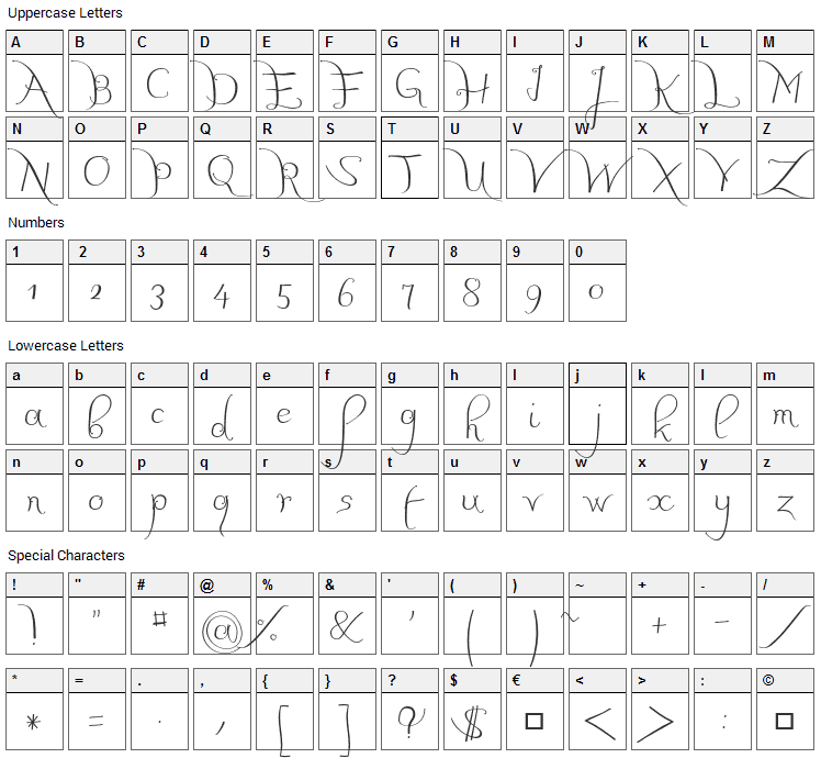 JB Calli Font Character Map