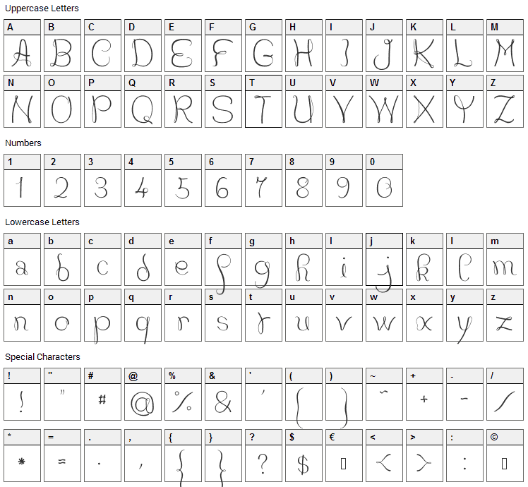 JB Courbes Font Character Map