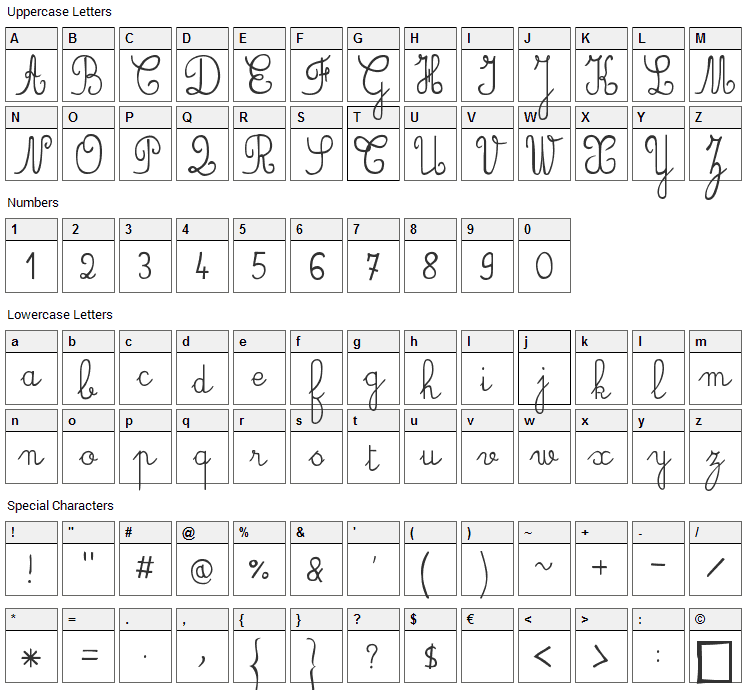 JB Cursive Font Character Map