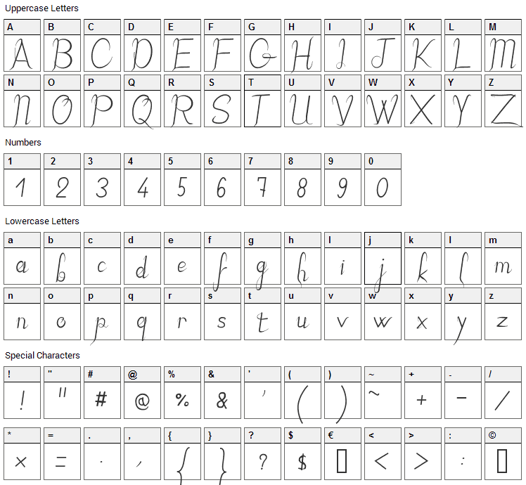 JB Elegant Font Character Map