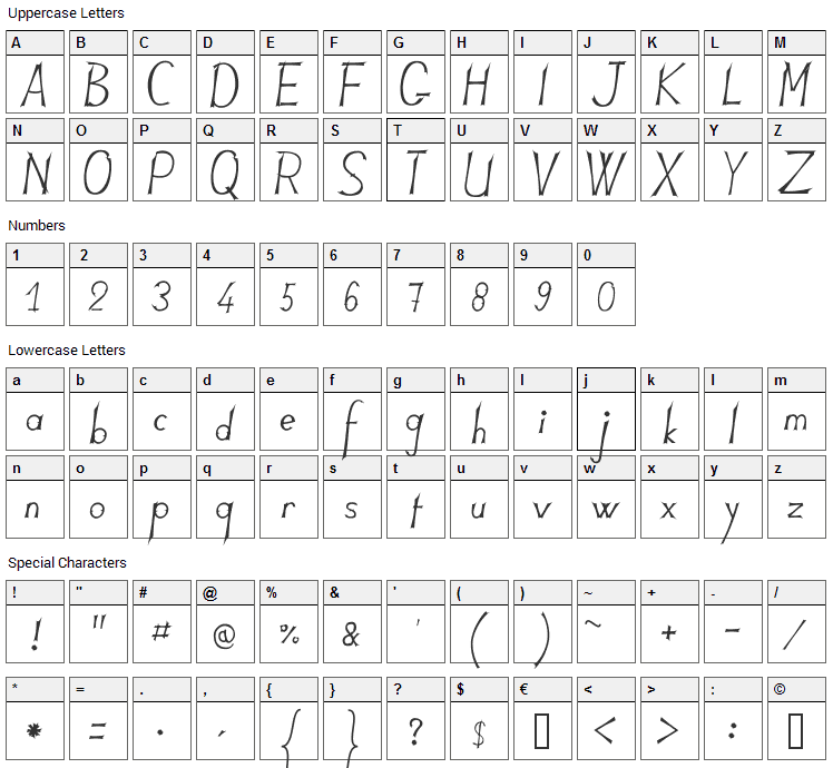 JB Lames Font Character Map