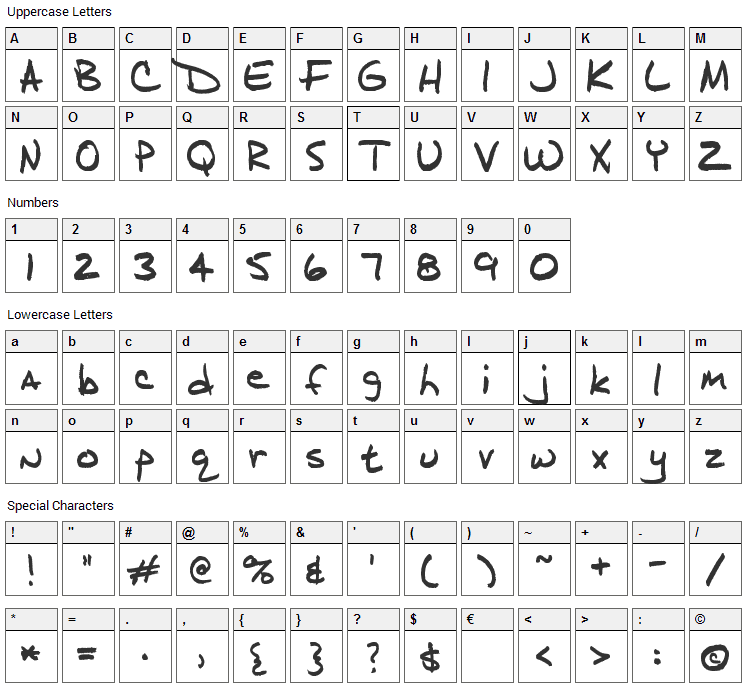 J.D. Handcrafted Font Character Map