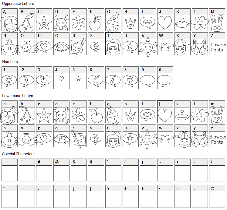 Jellodings Font Character Map