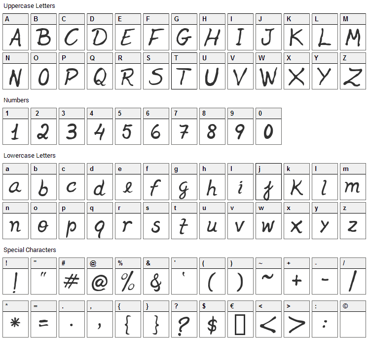 Jenelson Font Character Map