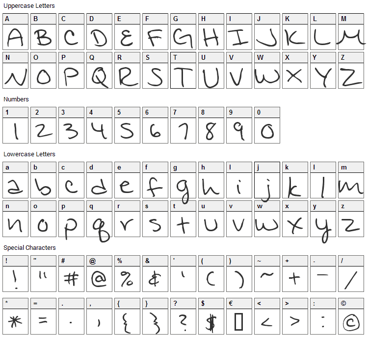 Jennifers Hand Writing Font Character Map